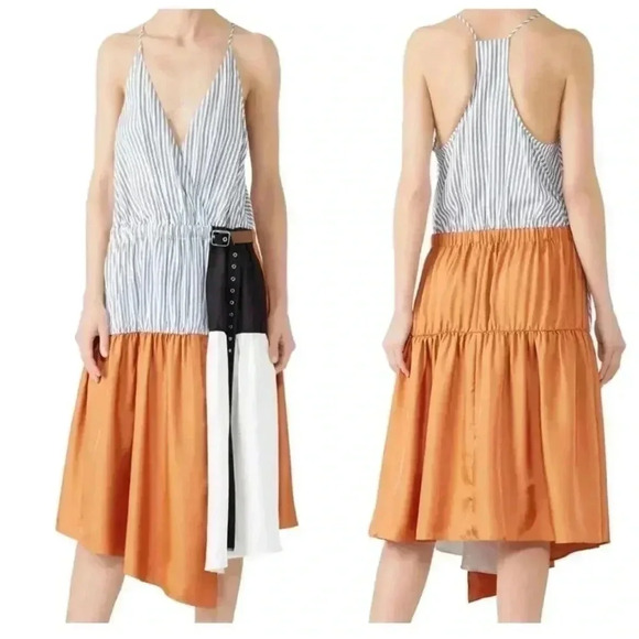 $695 Tibi Camille Collage‎ Faux Wrap Dress striped belted leather orange white